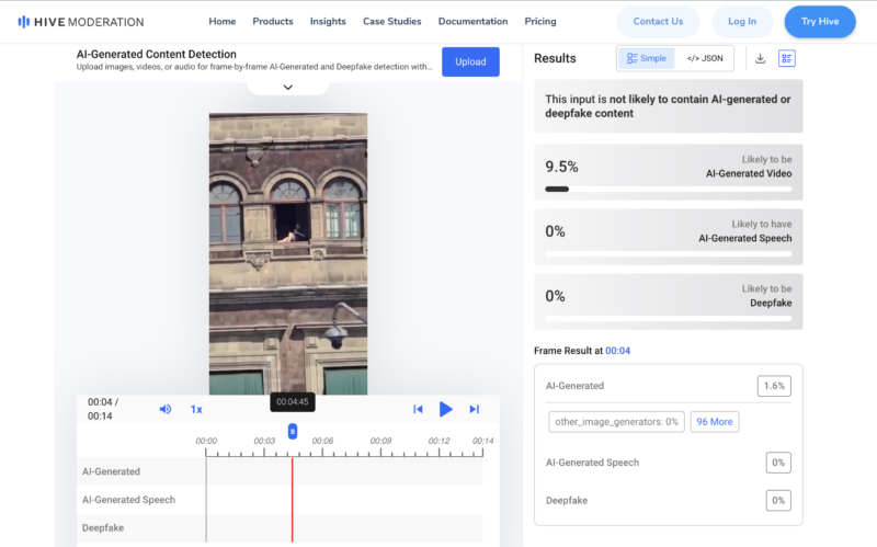 No está hecho con IA: Infodemia desinforma sobre video de persona tomando el sol en Palacio Nacional 2 Captura de pantalla del resultado de la detección de IA en Hive Moderation