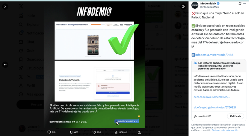 No está hecho con IA: Infodemia desinforma sobre video de persona tomando el sol en Palacio Nacional 1 Desinformación que compartió Infodemia
