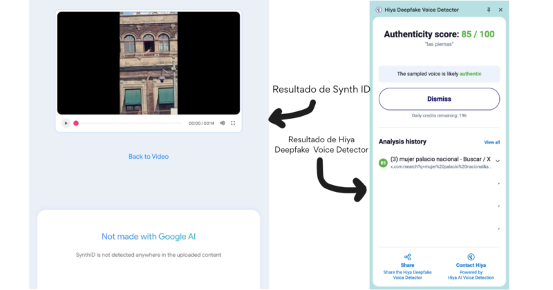 No está hecho con IA: Infodemia desinforma sobre video de persona tomando el sol en Palacio Nacional 3 Resultados de Synth ID y Hiya Deepfake Voice Detector