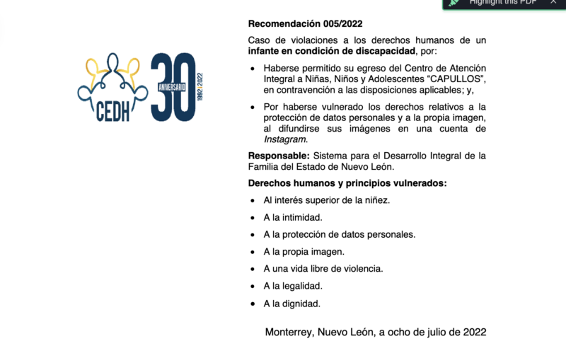 Captura de pantalla de la recomendación 005/2022 de la CEDHNL