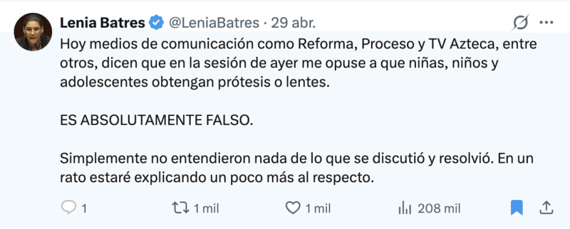 Captura de pantalla de Lenia Batres sobre su decisión con respecto a la Declaración General de Inconstitucionalidad 13/2025