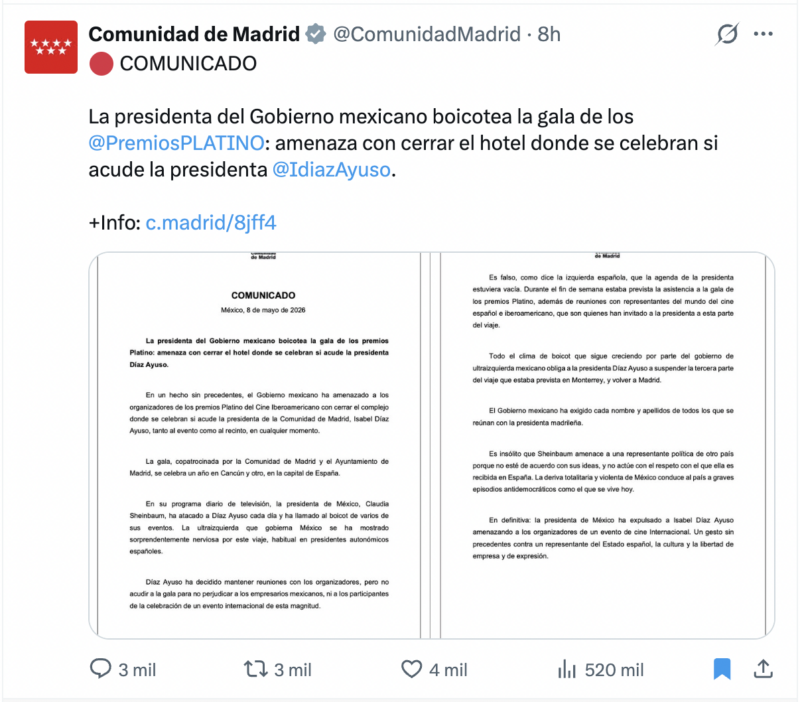 Comunicado de la Comunidad de Madrid sobre un supuesto boicot contra Isabel Díaz Ayuso