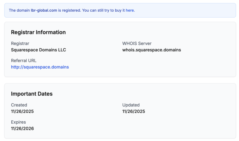 Resultado de Whois sobre el dominio web de León Barrena Rodríguez & Partners LLP