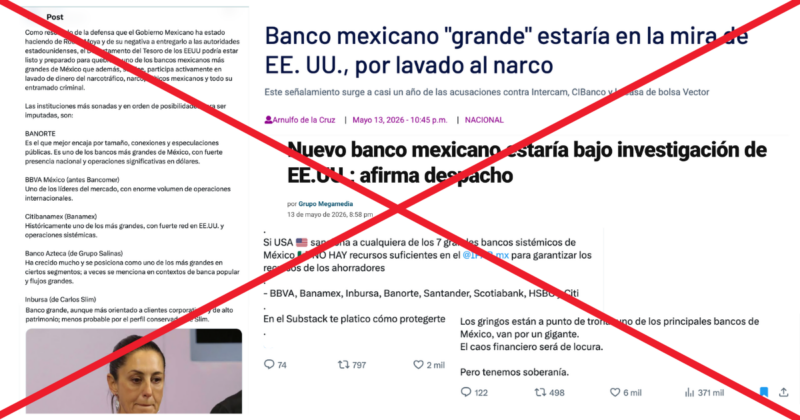Falso que Departamento del Tesoro está investigando a un narcobanco mexicano por lavado de dinero
