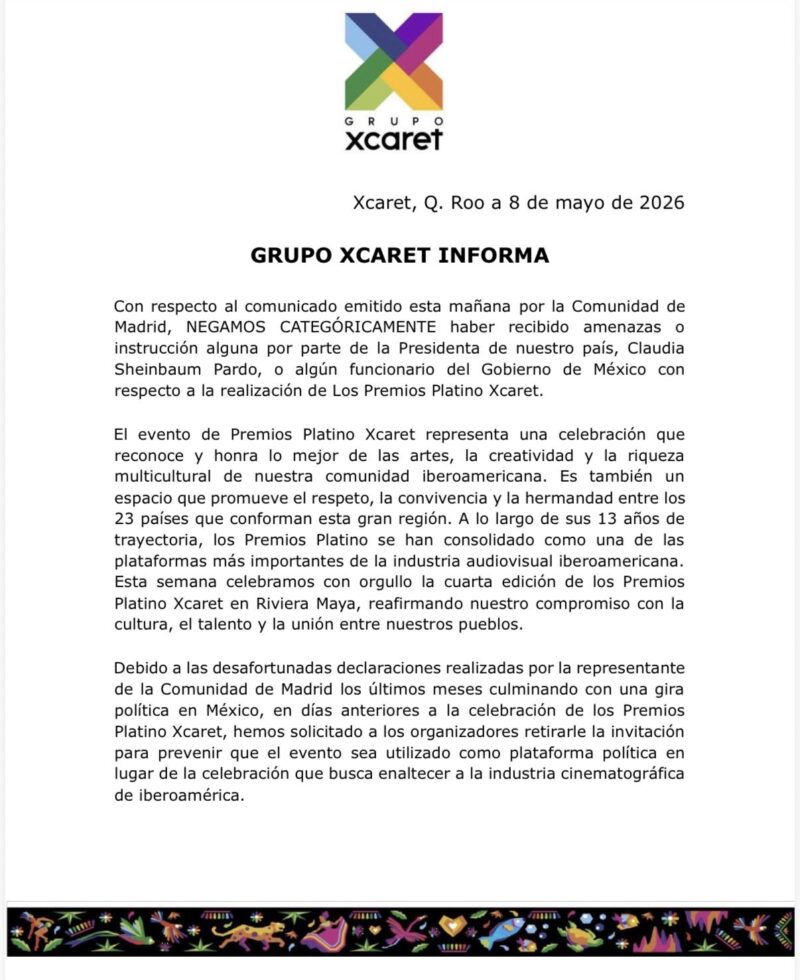 Comunicado publicado por Grupo Xcaret tras las declaraciones de la Comunidad de Madrid