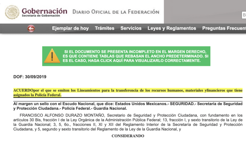 Captura de pantalla del decreto que transfiere los recursos de la Policía Federal a la Guardia Nacional