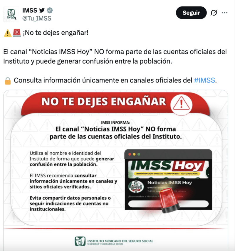 Falso que una “nueva ley” impida a mayores de 60 años conducir sin documentos extra 2 Comunicado del IMSS sobre el video desinformante