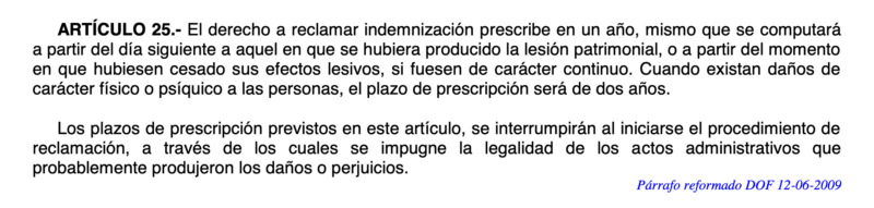Artículo 25 de la Ley Federal de Responsabilidad Patrimonial del Estado 