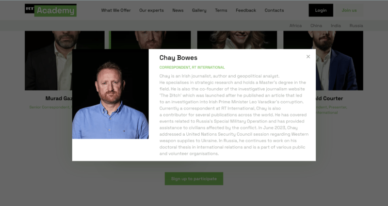 Red de desinformación rusa difunde narrativa sobre colaboración del gobierno ucraniano con cárteles mexicanos 2 Chay Bowes es uno de los expertos de RT Academy