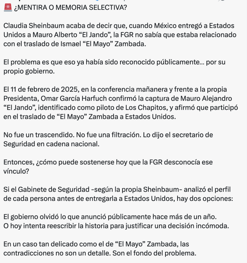 Engañoso que Gobierno de México conocía desde febrero de 2025 quién entregó al Mayo Zambada 2 Captura de pantalla 2026 07 15 a las 5.06.08 p.m