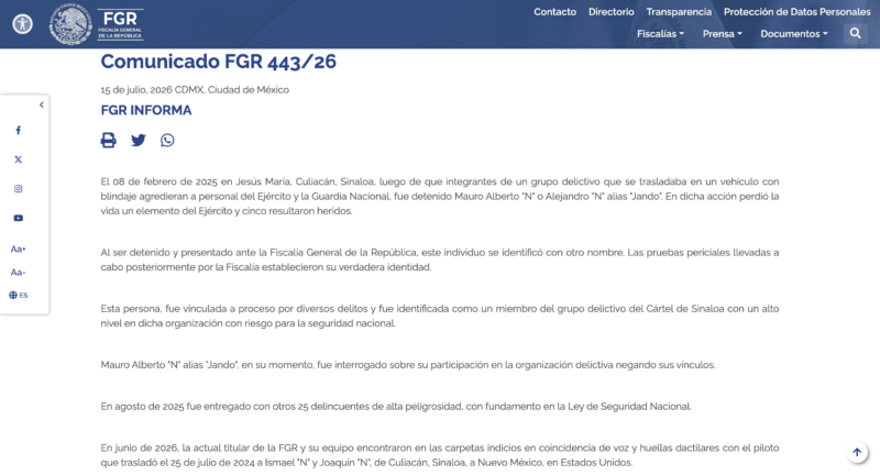 Engañoso que Gobierno de México conocía desde febrero de 2025 quién entregó al Mayo Zambada 1 Captura de pantalla 2026 07 15 a las 5.09.48 p.m