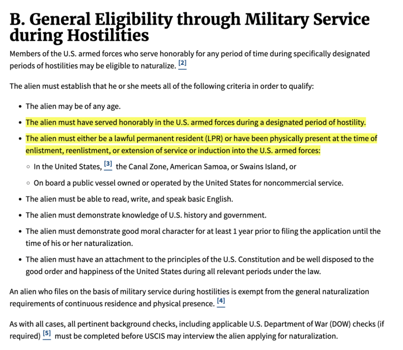 Criterios de elegibilidad para la naturalización por servicio militar durante periodos de hostilidad según la INA 329