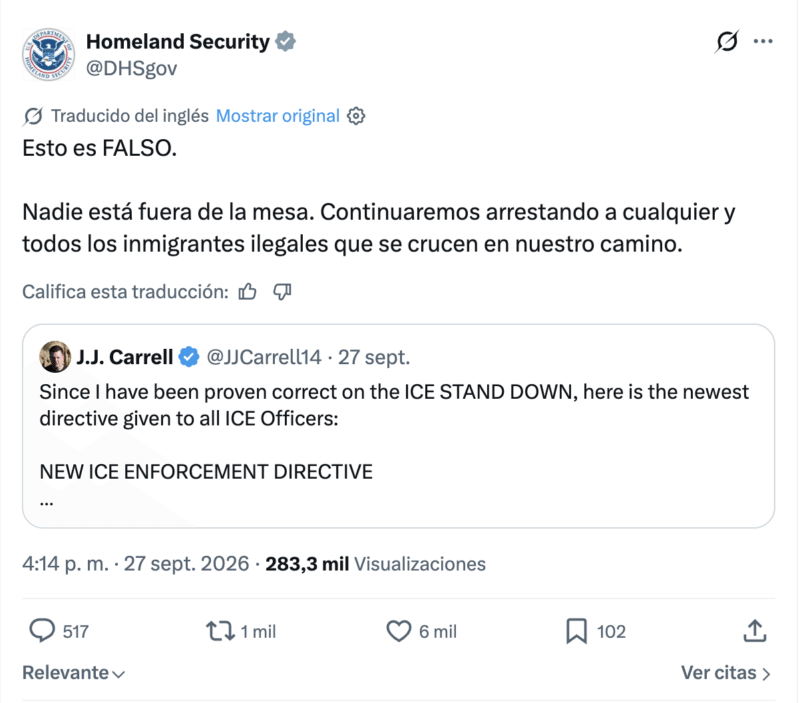 Falso que ICE anunció la suspensión de deportaciones desde Estados Unidos 1 Publicación de DHS sobre deportaciones masivas