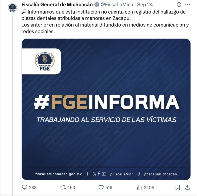 Dientes de leche en Michoacán: el caso entre la búsqueda, la desinformación y la opacidad 1 Captura de pantalla 2026 09 30 a las 12.27.06 p.m