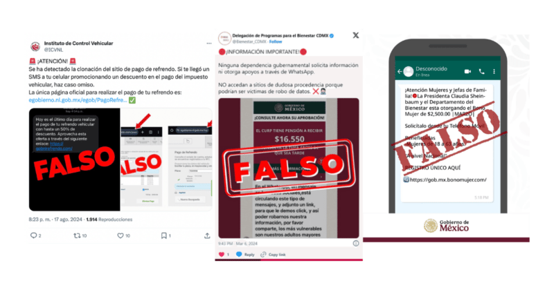 Falso que Claudia Sheinbaum envió una Ley Anti Memes al Senado de la República 2 Capturas de pantalla de anteriores mensajes que suplantaron comunicación de organismos oficiales