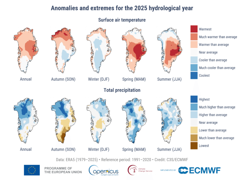 Anomalías y valores extremos de la temperatura del aire en superficie (arriba) y de la precipitación (abajo) para el año hidrológico 2025. Datos: ERA5. Crédito: C3S/ECMWF.